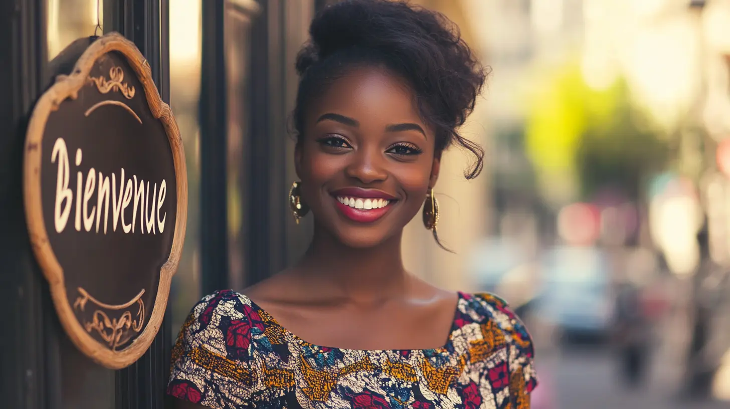 Beautiful woman standing on sidewalk next to shop sign reading "bienvenue" in Paris