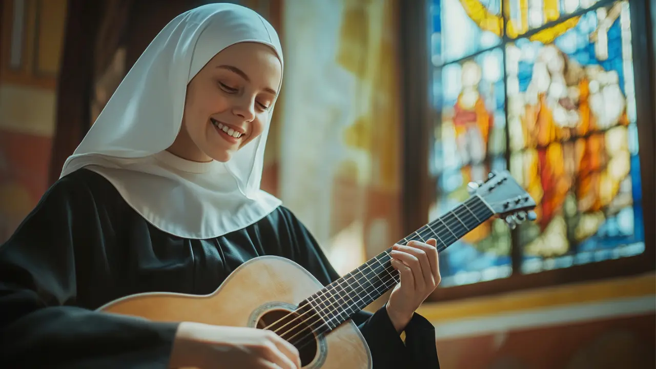 A smiling Belgian nun in a 1960s-style habit playing acoustic guitar near a stained glass window, representing Sœur Sourire performing her hit song “Dominique.”