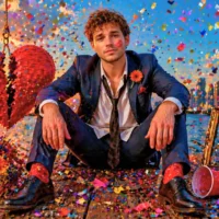 Formidable lyrics &mdash; heartbroken man in a rumpled suit sitting amid confetti, flowers, and party debris beside a shattered red heart, with a bright city skyline at sunset symbolizing love, heartbreak, and emotional collapse