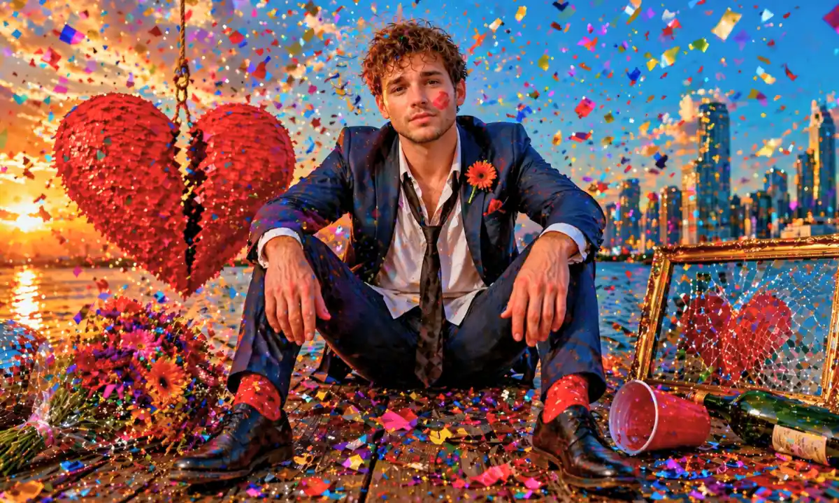 Formidable lyrics &mdash; heartbroken man in a rumpled suit sitting amid confetti, flowers, and party debris beside a shattered red heart, with a bright city skyline at sunset symbolizing love, heartbreak, and emotional collapse