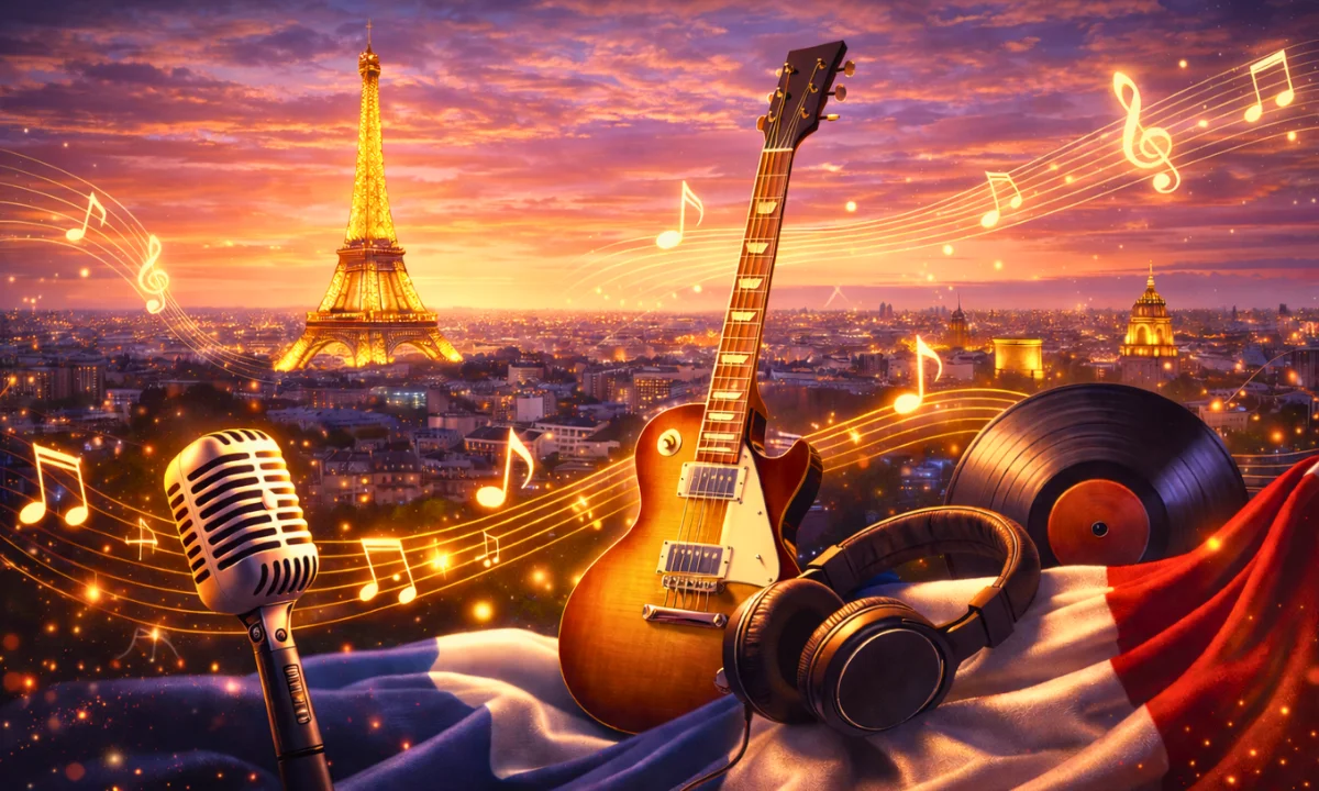 French male singers theme &mdash; Paris skyline with Eiffel Tower, electric guitar, microphone, and music symbols