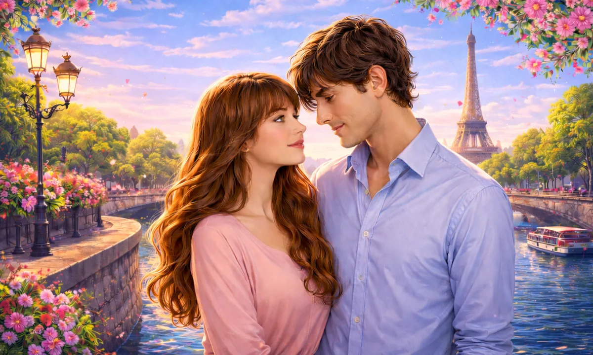 Je t&rsquo;aime&hellip; moi non plus by Serge Gainsbourg and Jane Birkin &mdash; French lyrics and English translation lesson by David Issokson. Young couple standing by the Seine in Paris at sunset with the Eiffel Tower in the background, surrounded by flowers and warm golden light.