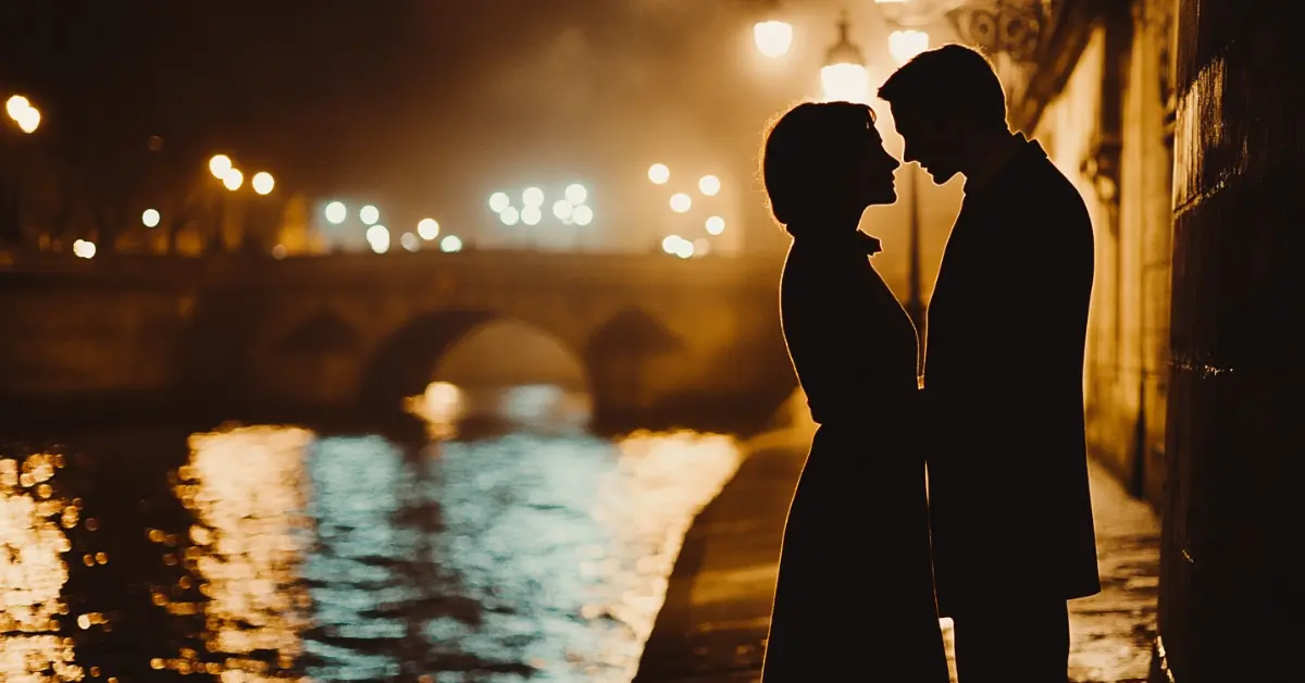 Silhouette of a romantic couple by the Seine at night in Paris, inspired by &ldquo;Je t&rsquo;aime&hellip; moi non plus&rdquo; French song lyrics.
