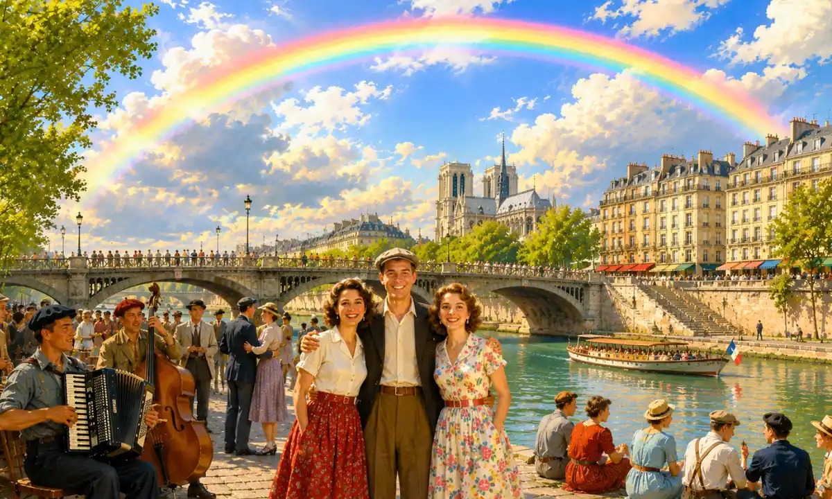 Lyrics of Sous le ciel de Paris — Bright rainbow over the Seine with lovers, musicians, and crowds beneath a Paris bridge, symbolizing romance, postwar hope, and life under the Paris sky.