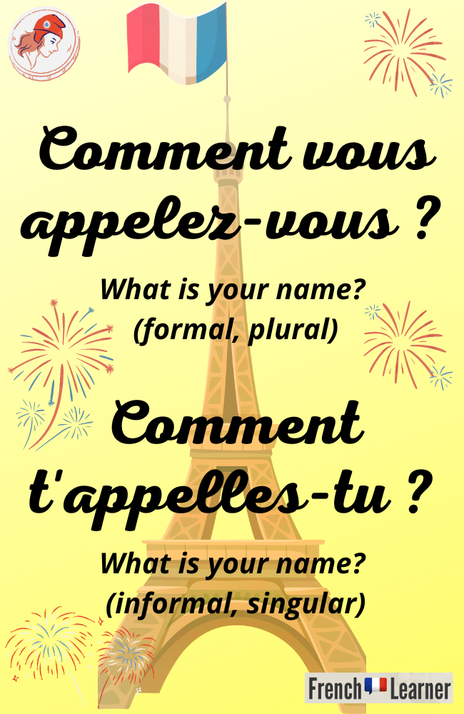 Two ways to ask, "What is your name?" in French: Comment vous appelez-vous? (formal); Comment t'appelles-tu? (informal).