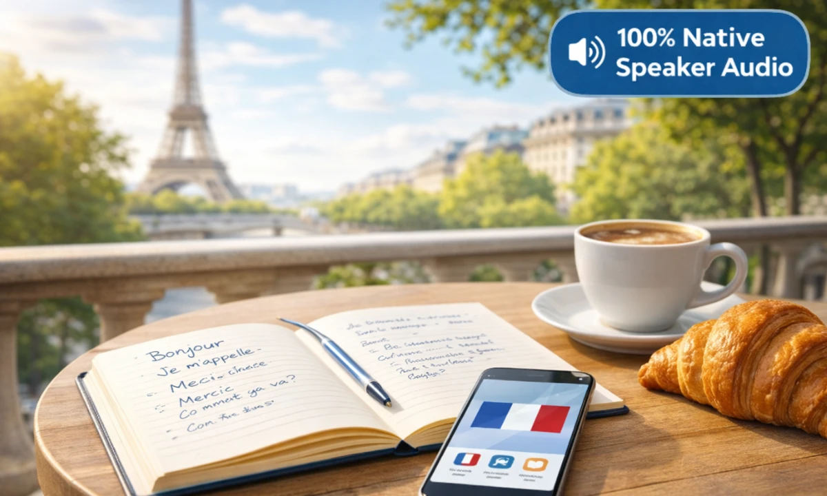 French for beginners study guide on a Parisian balcony featuring a notebook with basic greetings, a smartphone, and a 100% native speaker audio badge with the Eiffel Tower in the background.