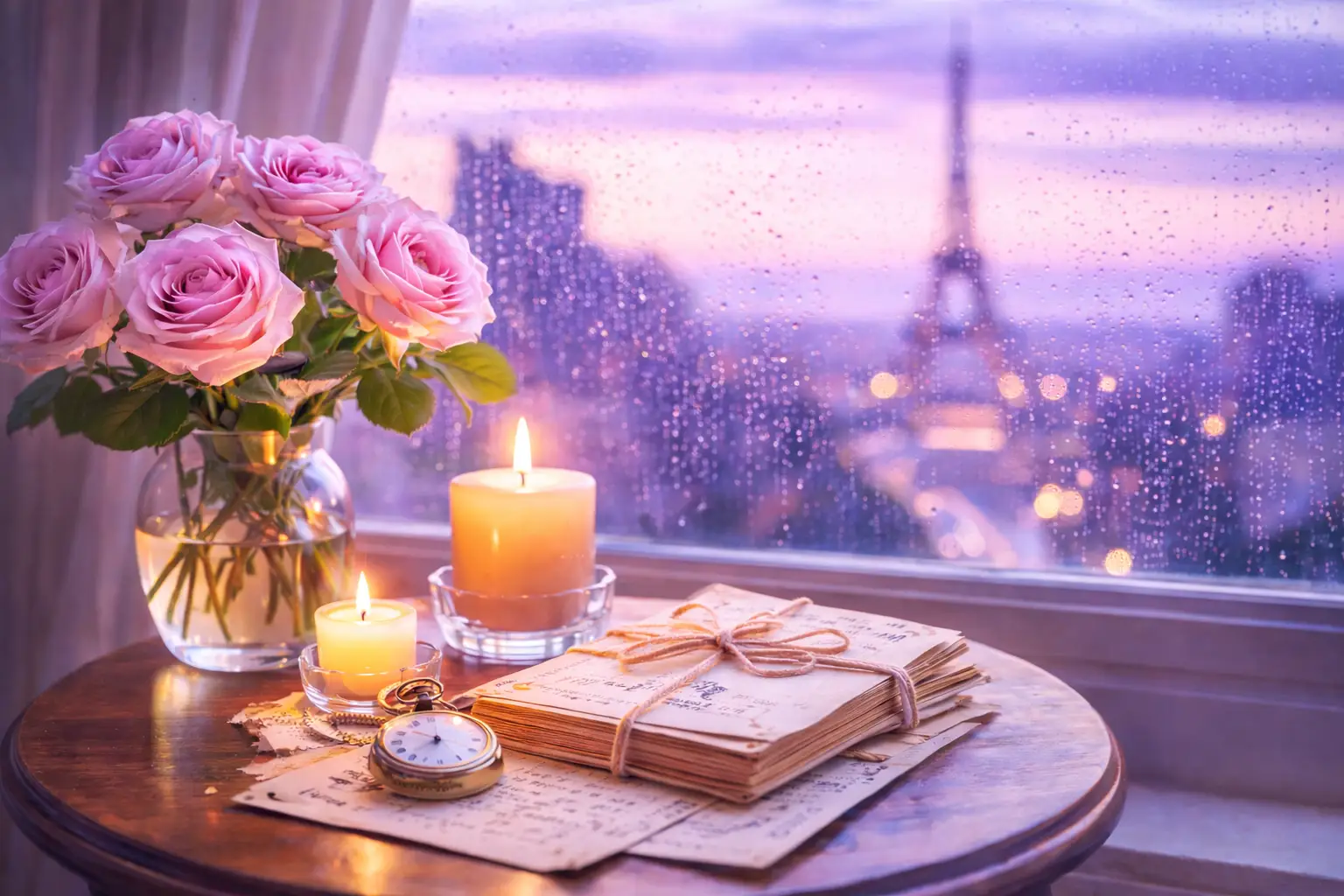 Mon Dieu lyrics &mdash; romantic Paris scene with pink roses, candles, and handwritten love letters on a table by a rain-covered window overlooking the Eiffel Tower at sunset
