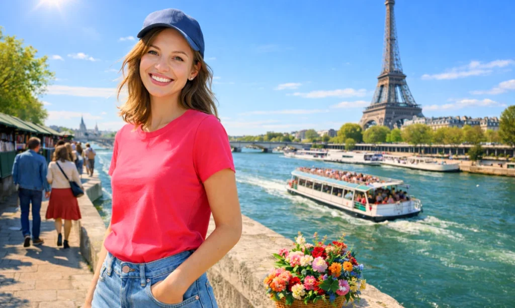 Woman in Paris by the Eiffel Tower smiling. Sorry in French phrases