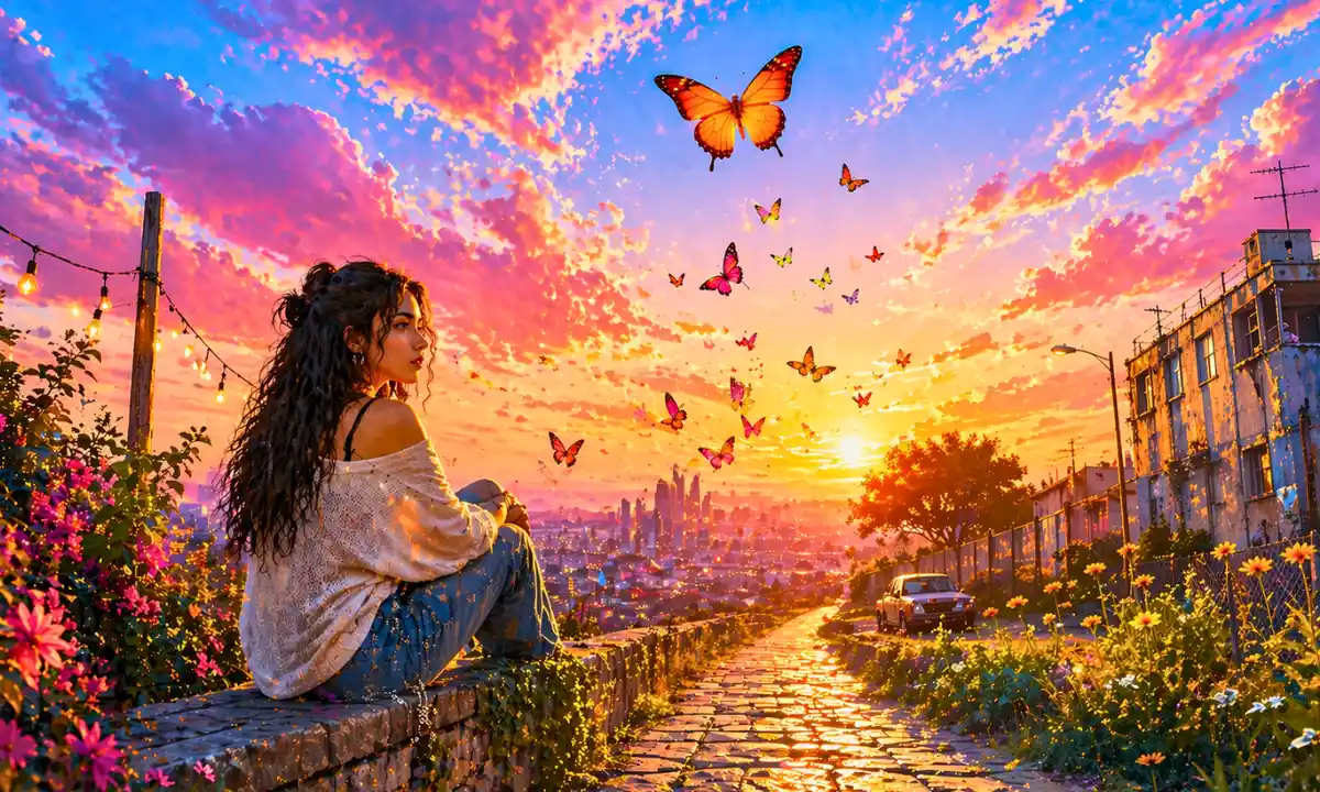 Ainsi bas la vida lyrics &mdash; young woman sitting on a hillside overlooking a bright city at sunset, looking back at the camera as butterflies fill the sky, symbolizing emotional conflict between love, struggle, and the pull of a difficult life