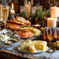 French Christmas traditions with decorated dinner table, candles and festive ambiance