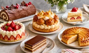 French cakes beautifully presented on a table, featuring classic pastries like galette des rois, opéra cake, fraisier, and croquembouche in elegant magazine-style food photography.