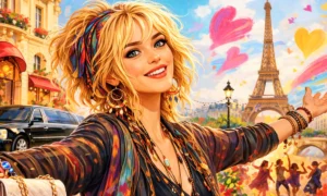 Je veux by Zaz — French lyrics and English translation lesson by David Issokson. Joyful blonde French woman with colorful bohemian style standing with arms open in a vibrant Paris street scene, with the Eiffel Tower and dancing crowd in the background.