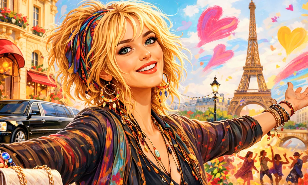 Je veux by Zaz &mdash; French lyrics and English translation lesson by David Issokson. Joyful blonde French woman with colorful bohemian style standing with arms open in a vibrant Paris street scene, with the Eiffel Tower and dancing crowd in the background.