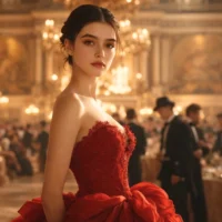 Tourner dans le vide lyrics &mdash; elegant ballroom scene with a woman in a red gown standing under golden chandeliers, surrounded by formally dressed guests in a grand Paris-style hall