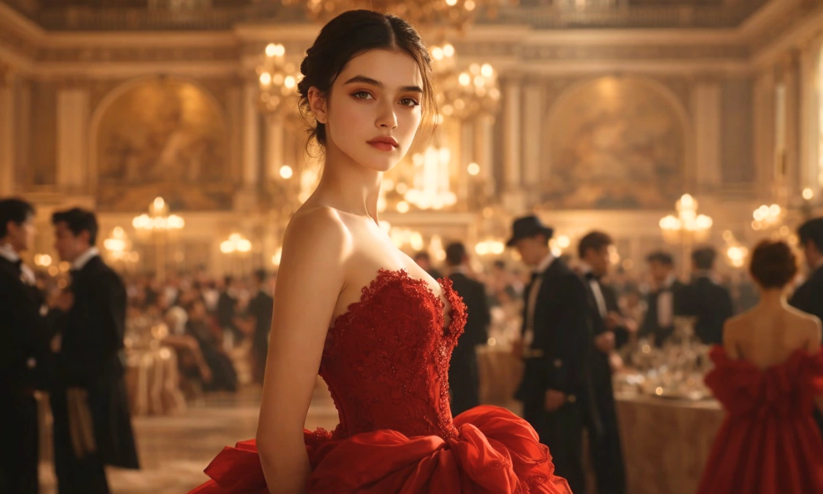 Tourner dans le vide lyrics &mdash; elegant ballroom scene with a woman in a red gown standing under golden chandeliers, surrounded by formally dressed guests in a grand Paris-style hall