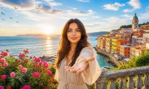 Et si tu n'existais pas lyrics — romantic seaside village scene with woman facing camera, outstretched hand, colorful hillside buildings, flowers, and calm ocean under bright blue sky and soft daylight