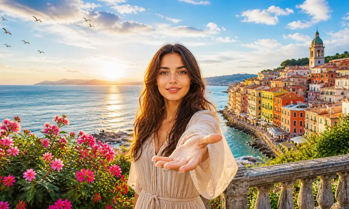 Et si tu n'existais pas lyrics &mdash; romantic seaside village scene with woman facing camera, outstretched hand, colorful hillside buildings, flowers, and calm ocean under bright blue sky and soft daylight