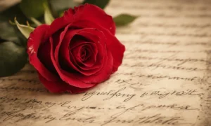 Close-up of a deep red rose on an old letter, inspired by “Love Story” French song lyrics, with blurred handwritten French words in the background.