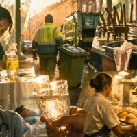 Collage showing frontline workers: a cleaner wiping a surface, a sanitation worker with a trash bin on a street, and a bakery scene with bread loaves and plates in the background.