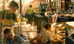 Collage showing frontline workers: a cleaner wiping a surface, a sanitation worker with a trash bin on a street, and a bakery scene with bread loaves and plates in the background.