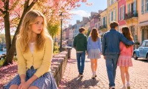 Lyrics of "Tous les garçons et les filles" — A lonely young woman sits along a colorful riverside street as happy young couples walk hand in hand nearby, symbolizing the longing, loneliness, and hope for first love described in Françoise Hardy's classic song.
