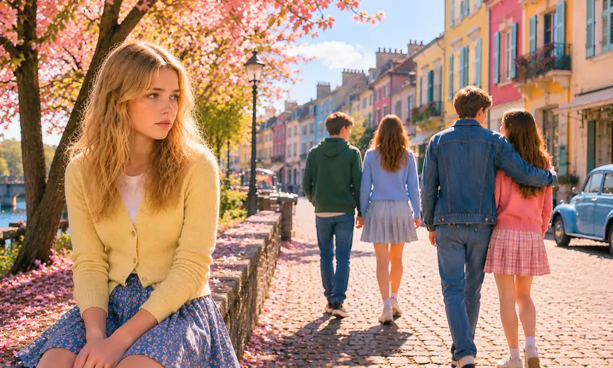 Lyrics of "Tous les garçons et les filles" — A lonely young woman sits along a colorful riverside street as happy young couples walk hand in hand nearby, symbolizing the longing, loneliness, and hope for first love described in Françoise Hardy's classic song.
