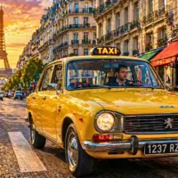 Joe le Taxi lyrics &mdash; bright Paris street scene with vintage yellow taxi and driver, caf&eacute; terrace, Haussmann buildings, and Eiffel Tower in the background under warm golden sunlight