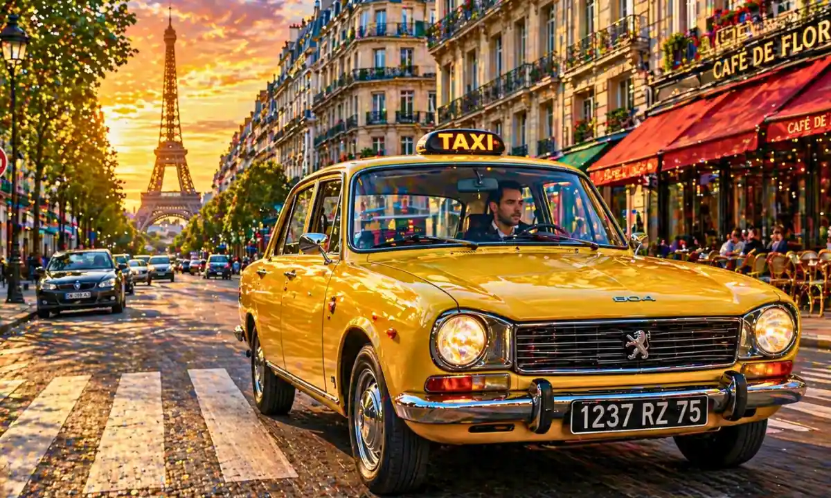 Joe le Taxi lyrics &mdash; bright Paris street scene with vintage yellow taxi and driver, caf&eacute; terrace, Haussmann buildings, and Eiffel Tower in the background under warm golden sunlight