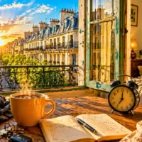Comme d'habitude lyrics &mdash; bright Paris bedroom balcony scene with open window, coffee cup, alarm clock, flowers, and Eiffel Tower in the background under warm sunlight