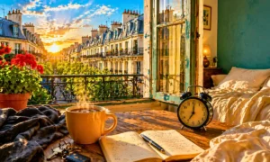 Comme d'habitude lyrics — bright Paris bedroom balcony scene with open window, coffee cup, alarm clock, flowers, and Eiffel Tower in the background under warm sunlight