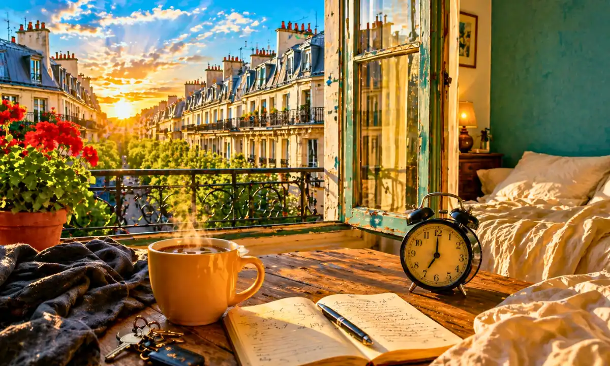 Comme d'habitude lyrics &mdash; bright Paris bedroom balcony scene with open window, coffee cup, alarm clock, flowers, and Eiffel Tower in the background under warm sunlight