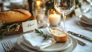 Elegant flat lay of a French dinner table with wine, baguette, silverware, and place card — showing ideal table setting and etiquette.
