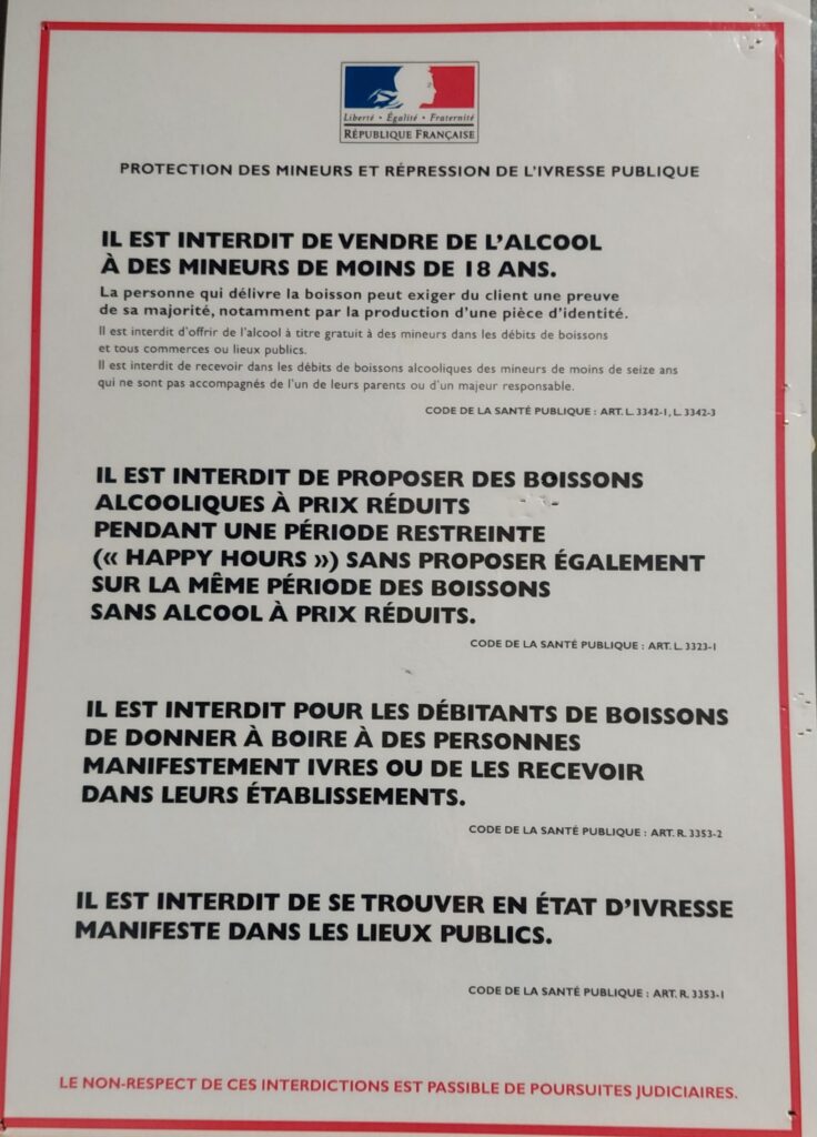 French law for drinking in a bar