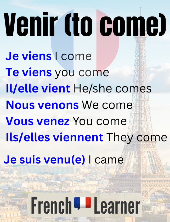 Venir (to come in French) conjugated in the present tense:

je viens I come
tu viens you come
il/elle vient he/she comes
nous venons we come
vous venez you come
ils, elles viennent they come
Je suis venu(e) I came