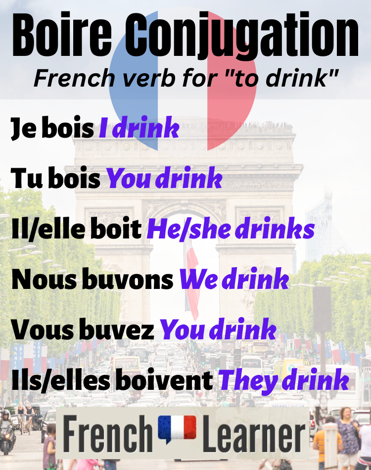 Boire conjugation:

je bois I drink
tu bois you drink
il/elle boit he/she drinks
nous buvons we drink
vous buvez you drink
ils/elles boivent they drink