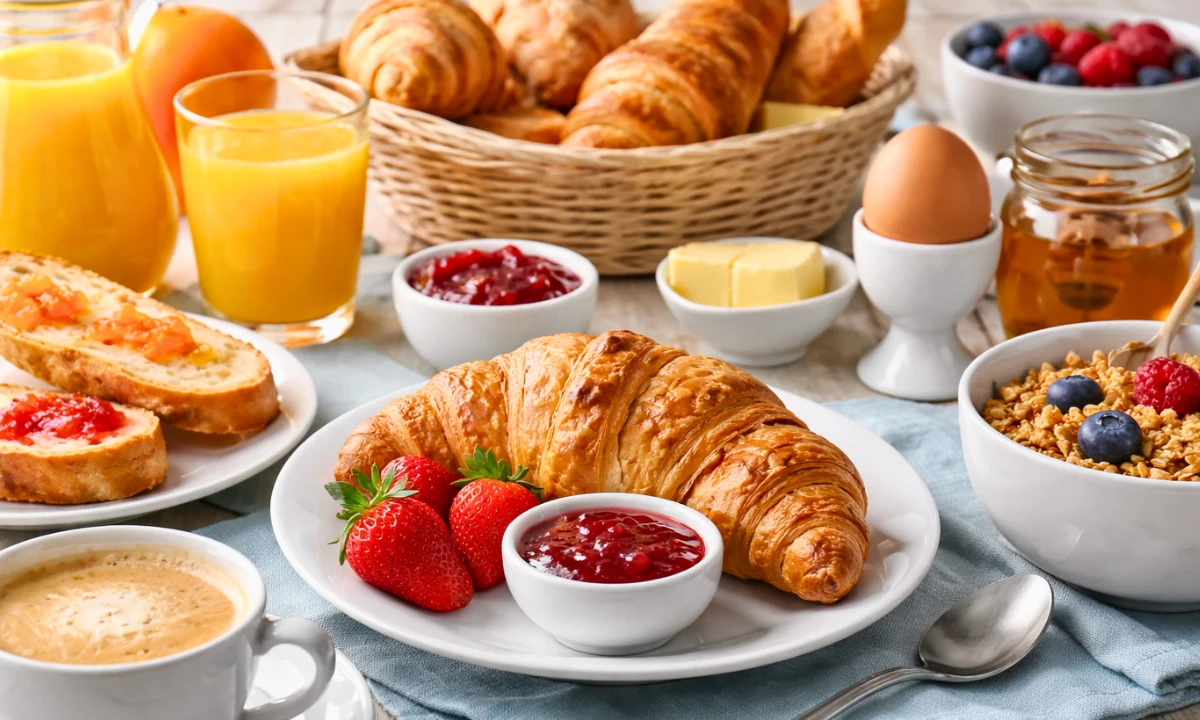 Croissants, tartines with butter and jam, caf&eacute; au lait and orange juice on a typical breakfast table in France