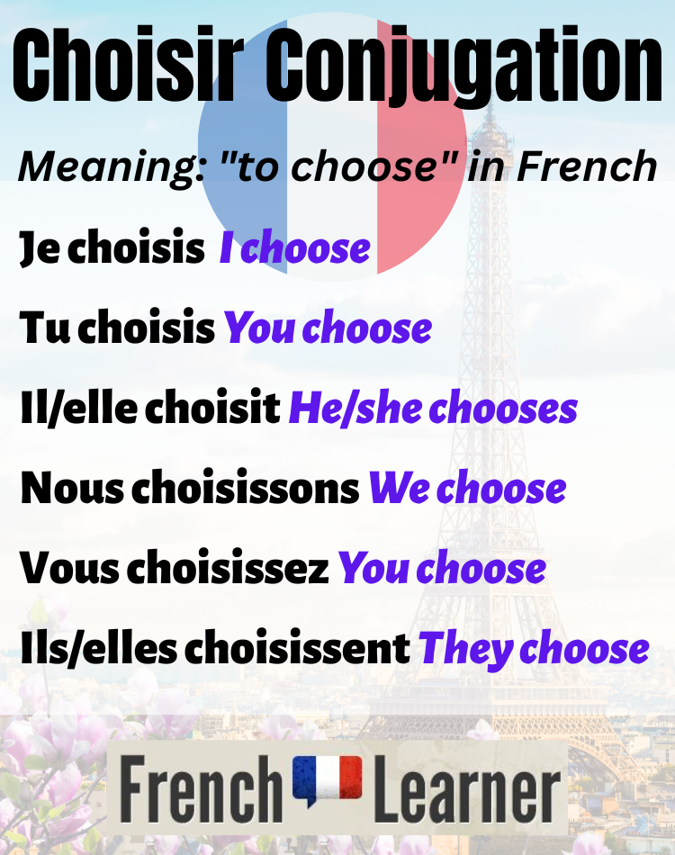 Choisir Conjugation:
Je choisis  I choose
Tu choisis You choose
Il/elle choisit He/she chooses
Nous choisissons We choose
Vous choisissez You choose
Ils/elles choisissent They choose