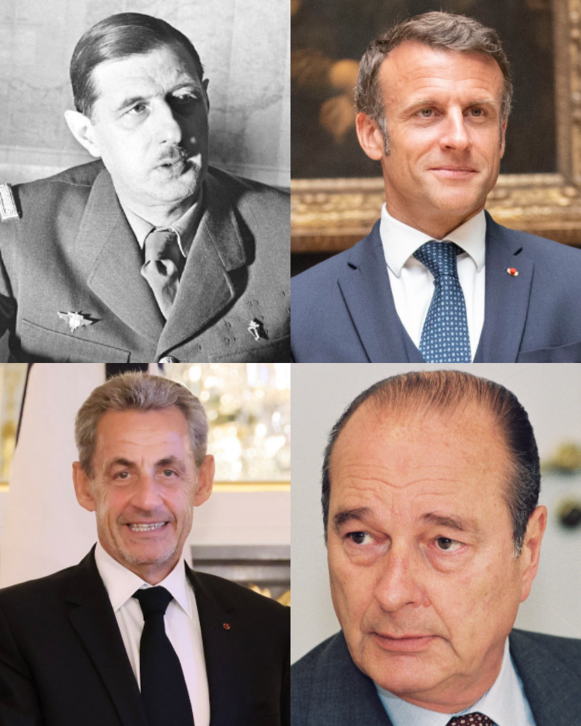 French presidents de Gaulle, Sarkozy, Macron and Chirac.