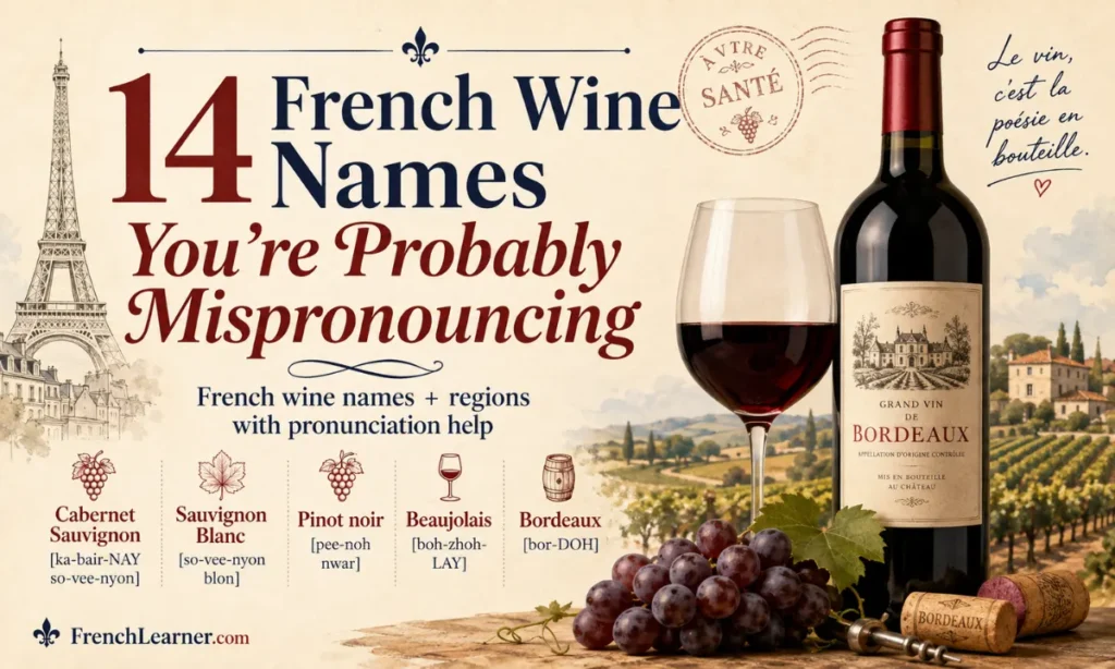 14 French Wine Names You’re Probably Mispronouncing, featuring a Bordeaux wine bottle, red wine glass, grapes, French vineyard, Eiffel Tower, and pronunciation examples.