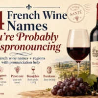 14 French Wine Names You’re Probably Mispronouncing, featuring a Bordeaux wine bottle, red wine glass, grapes, French vineyard, Eiffel Tower, and pronunciation examples.