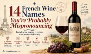 14 French Wine Names You’re Probably Mispronouncing, featuring a Bordeaux wine bottle, red wine glass, grapes, French vineyard, Eiffel Tower, and pronunciation examples.