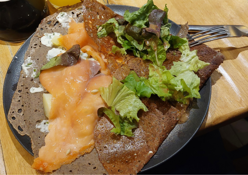 Delicious savory crêpe enjoyed at a Crêperie in Paris.