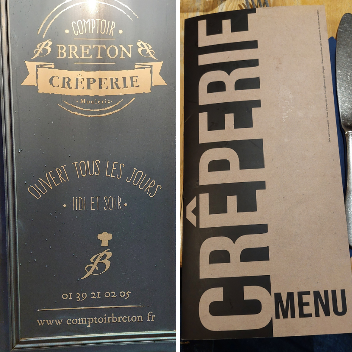 Menu and sign from crepêrie in Saint-Germain-en-Laye.