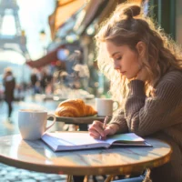 Student learning French at a Paris café in Paris — French language courses inspiration