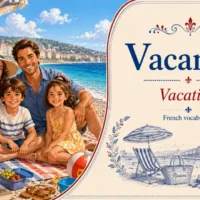 Family of four enjoying a sunny beach picnic, with a decorative &lsquo;Vacances Vacation&rsquo; French vocabulary banner on the right.