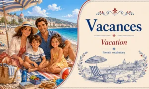 Family of four enjoying a sunny beach picnic, with a decorative ‘Vacances Vacation’ French vocabulary banner on the right.