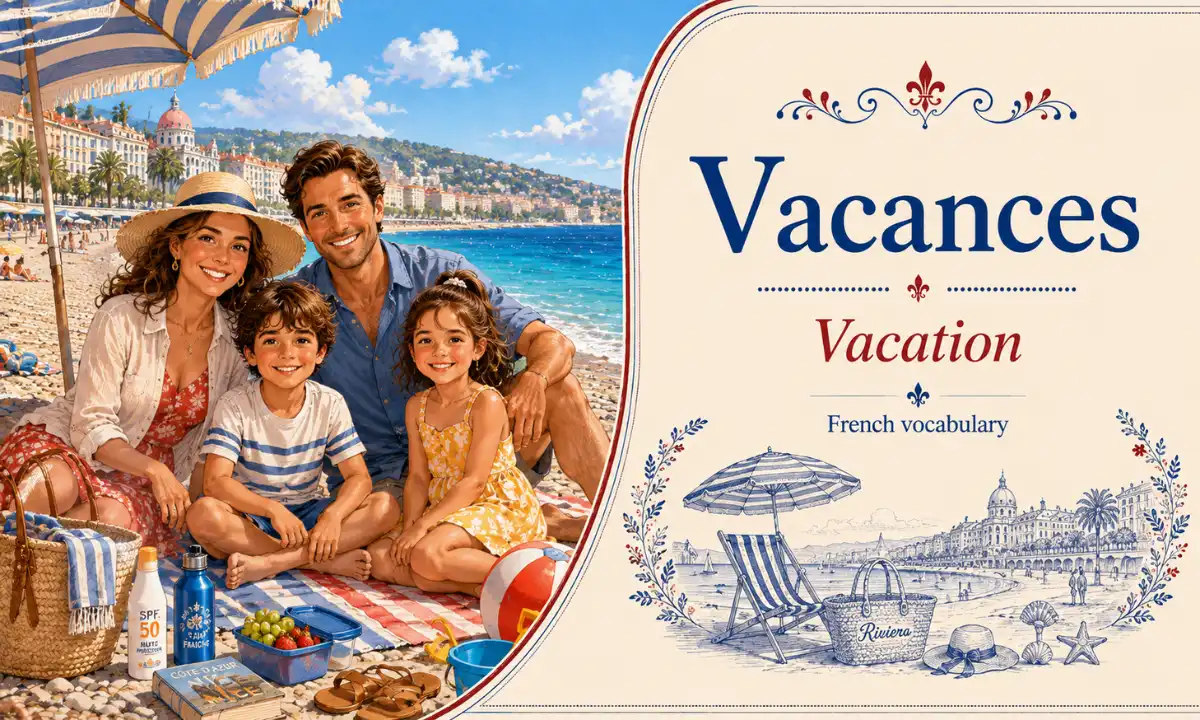 Family of four enjoying a sunny beach picnic, with a decorative ‘Vacances Vacation’ French vocabulary banner on the right.
