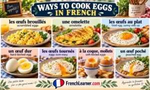 Colorful guide to seven ways to cook eggs in French, with pictures and English translations. Includes scrambled, fried, boiled, and poached eggs.