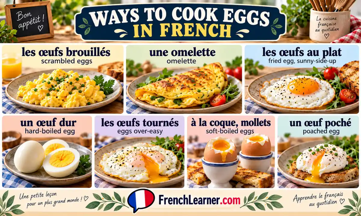 Colorful guide to seven ways to cook eggs in French, with pictures and English translations. Includes scrambled, fried, boiled, and poached eggs.