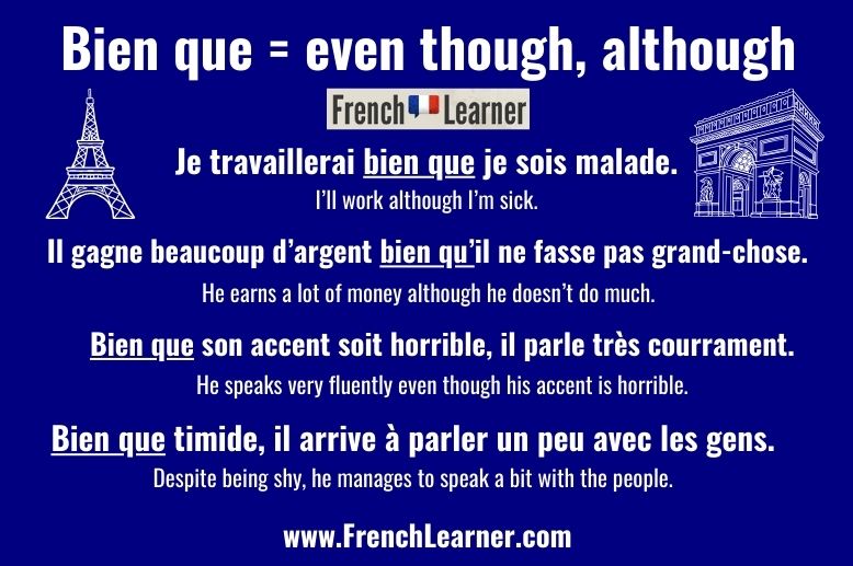 Bien que is a French conjunction meaning "even though" and "although".